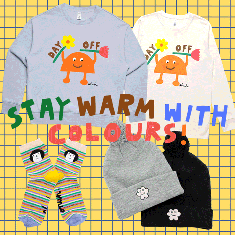 Flat lay of colourful shuh. winter items: “Day Off” jumpers, striped socks with faces, and grey and black beanies with flower patches. Text on image says “Stay Warm With Colours!” on a yellow grid background.