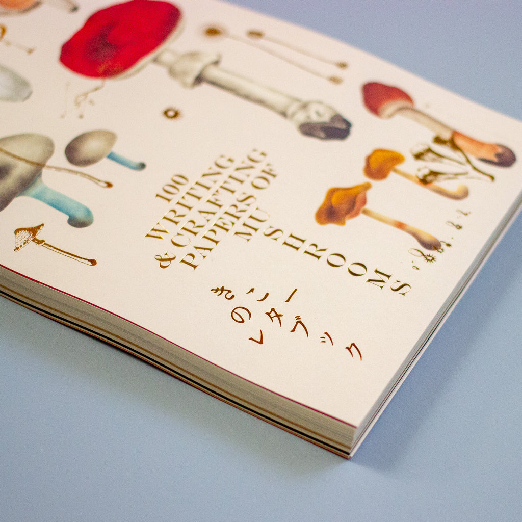 Book with illustrations of mushrooms on a light blue background