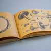 Open book with illustrations of mushrooms on a light blue background