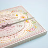 A close-up of a decorative book with Japanese and English text, featuring a pastel floral and ornamental cover design, photographed on a pale blue background.
