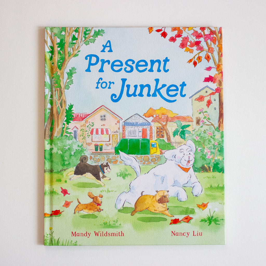 Children's book titled 'A Present for Junket' with illustrations of dogs and a house on the cover.