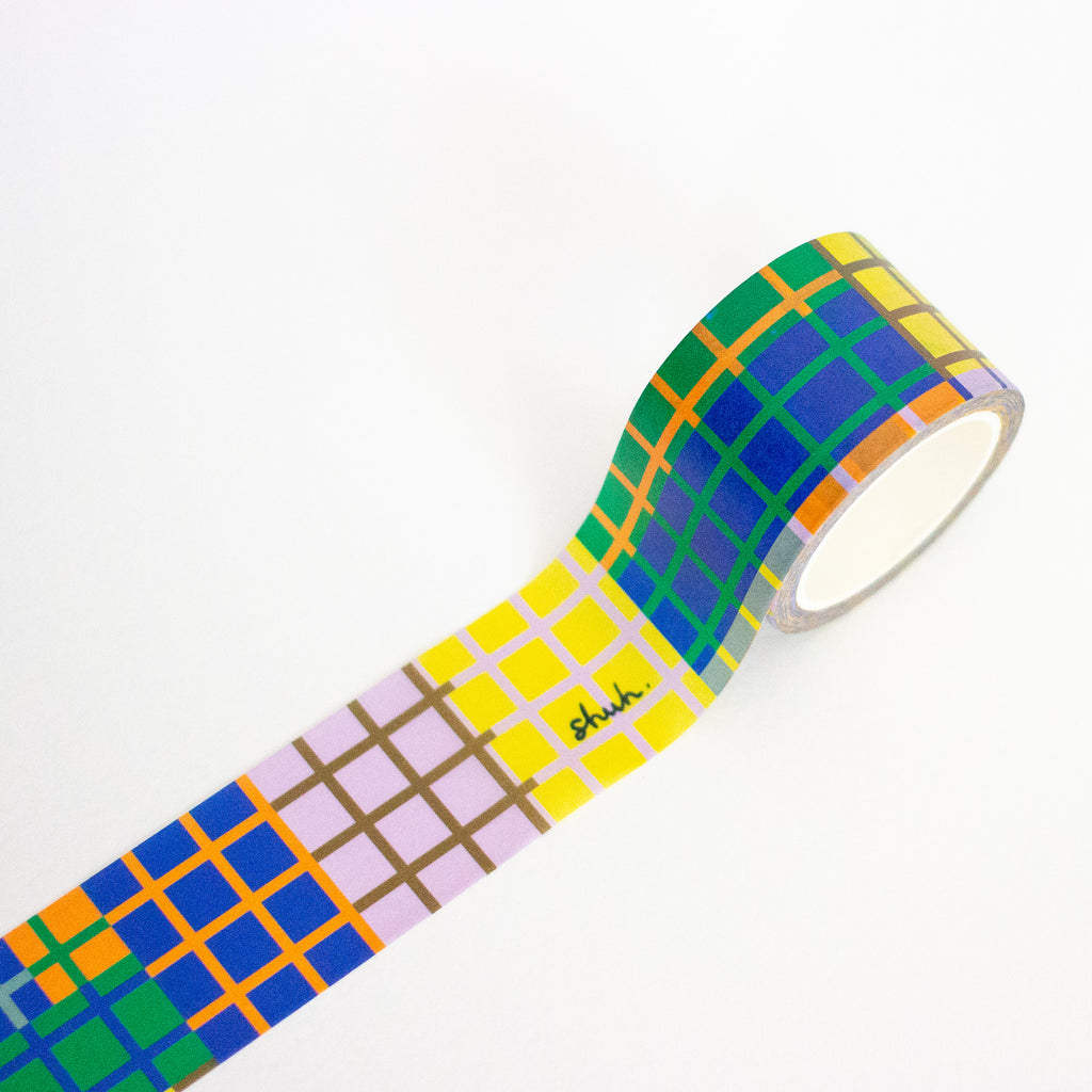 Colorful checkered tape with a brand logo on a white background