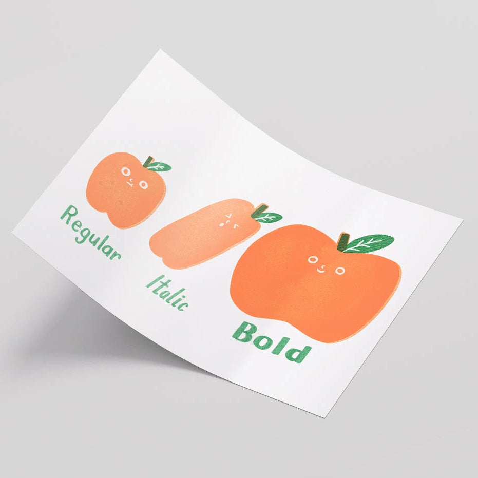 Riso print with illustrations of apples and font type on a white background