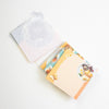 A set of cute food-themed memo sheets, featuring illustrations of butterflies, food, and patterned borders in pastel colours.