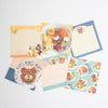 A set of cute breakfast-themed stationery memo sheets featuring illustrations of food like pancakes, eggs, and a teddy bear pancake, arranged on a white background.