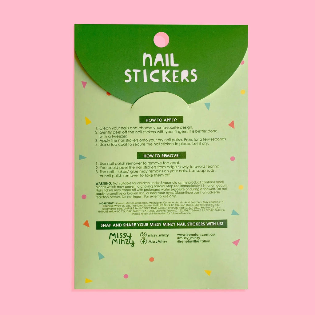 A package of Missy Minzy nail stickers shown against a solid pink background. The packaging is light green with a dark green semi-circle at the top containing the white text 'nail STICKERS'.