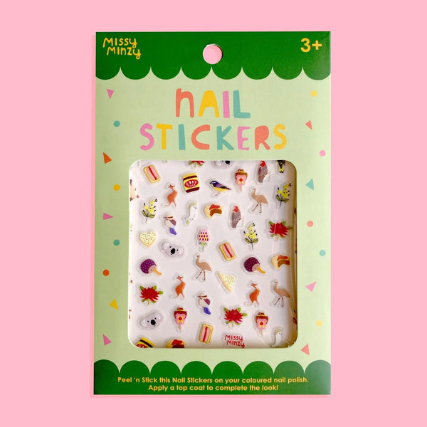 Missy Minz Nail Stickers in a green and light green window box package, featuring a variety of colourful nail art stickers including Australia related food, flowers, and animals on a white background.