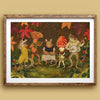 Framed artwork of animals playing instruments in a forest setting