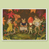Illustration of animals playing instruments in a forest setting with autumn leaves.
