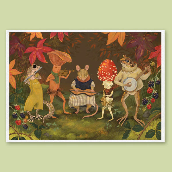 Illustration of animals playing instruments in a forest setting with autumn leaves.