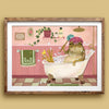 Framed artwork of a frog taking a bath in a pink bathroom setting.