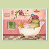 Illustration of a frog in a bathtub with a towel on its head in a bathroom setting.