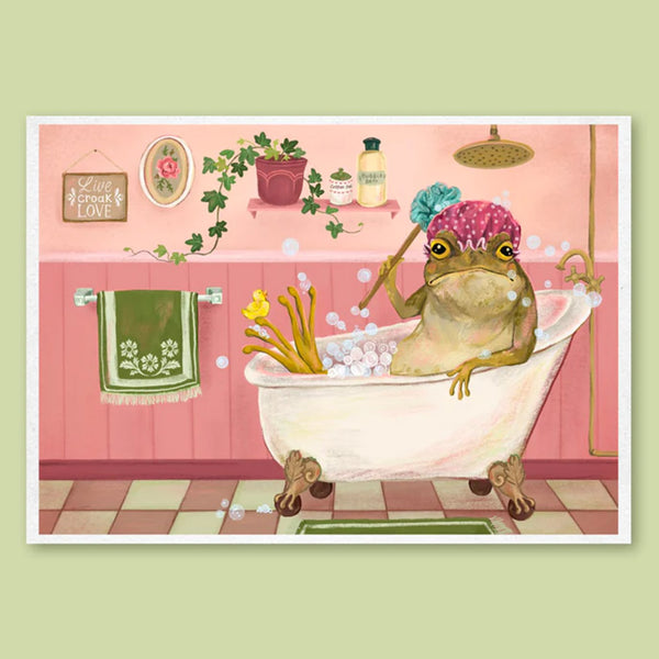 Illustration of a frog in a bathtub with a towel on its head in a bathroom setting.