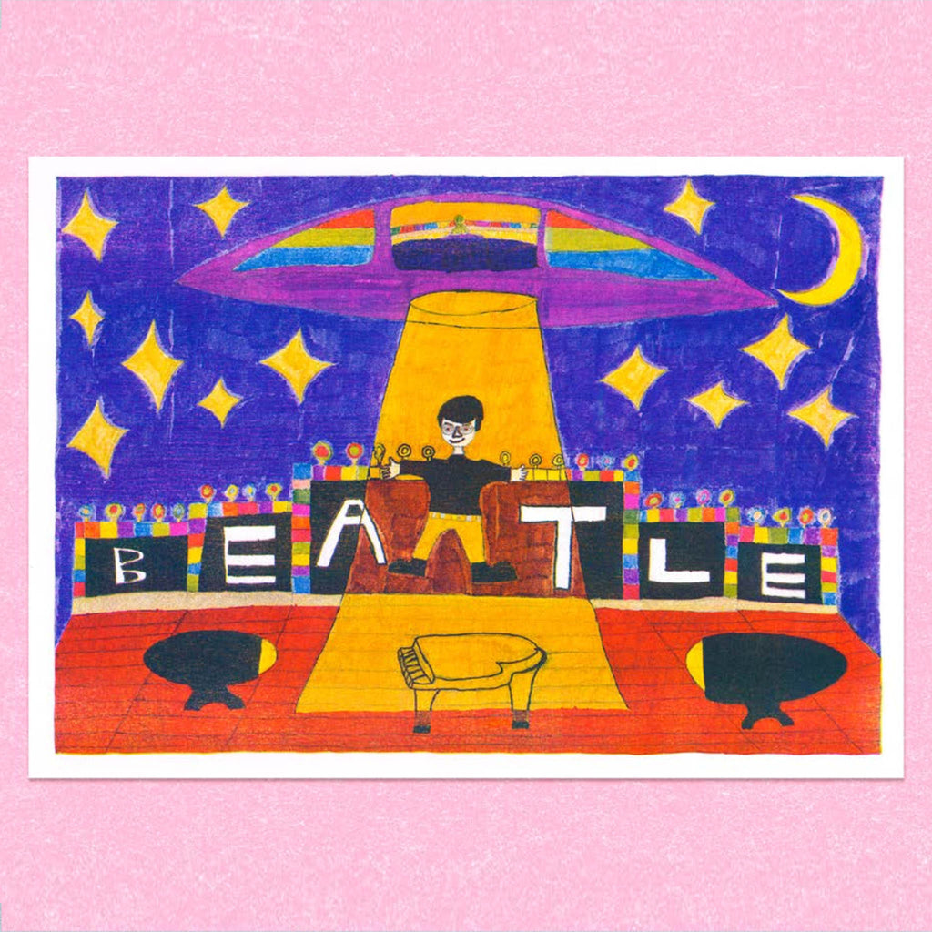 A print with an illustrated man ascending up into a spaceship from a music stage. 