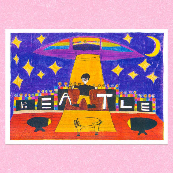 A print with an illustrated man ascending up into a spaceship from a music stage. 