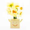 Smiley face vase with yellow flowers on a white background