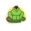 A die-cut sticker featuring a cute cartoon green frog sitting on a lily pad with a pink lotus flower and a ladybug on its head, set against a yellow starry background. The sticker has a yellow border and the handle @THEROCHHELFFISH printed on the bottom left.