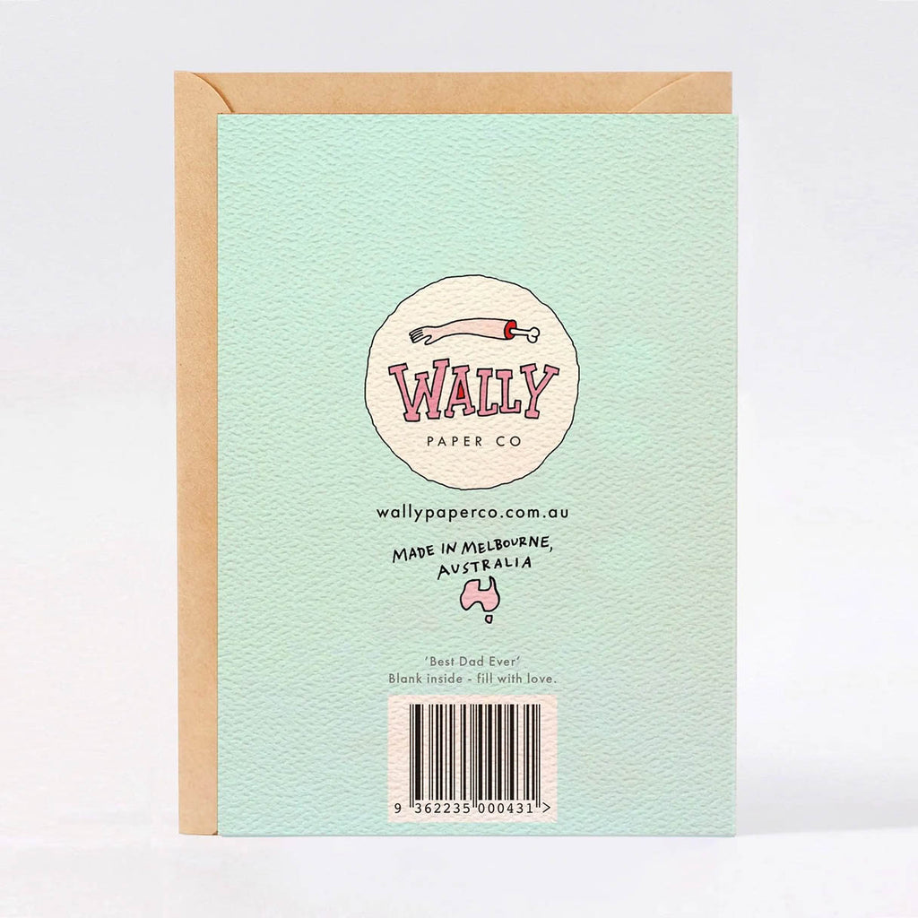 The back of a mint green textured greeting card with a kraft envelope behind it. The card features a circular logo for 'Wally Paper Co' logo illustration, website text, and a barcode.