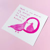 An illustrated print with a pigeon staring at the mirror with words 'There is no mirror big enough to contain all of my hotness'. 