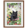 Framed artwork of a black cat among flowers with a wooden frame.