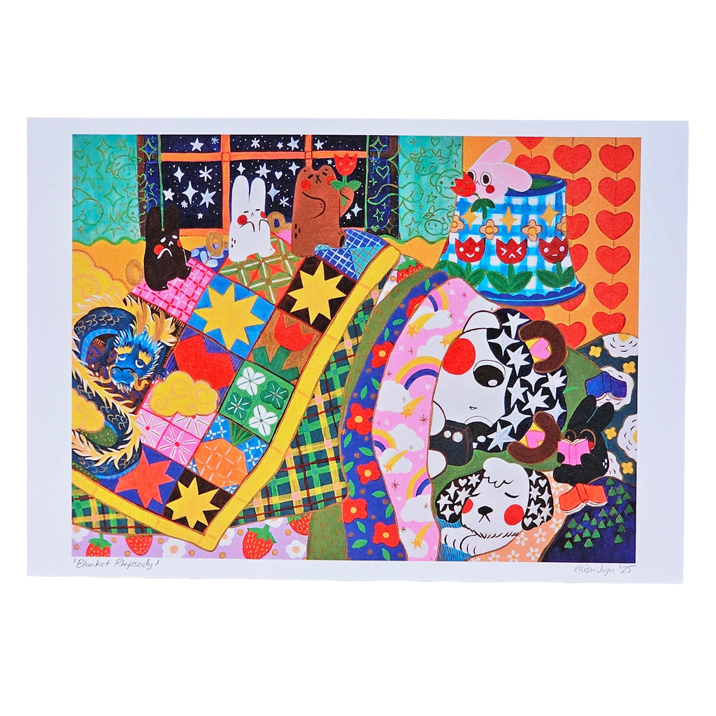 A colourful art print featuring whimsical illustrated animals, hearts, stars, and patterned fabrics, shown against a white background.