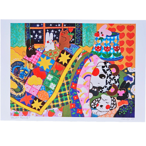A colourful art print featuring whimsical illustrated animals, hearts, stars, and patterned fabrics, shown against a white background.