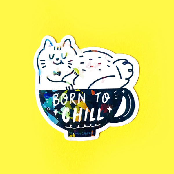 Illustration of a cat sitting on a cup holographic sticker