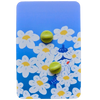 The back of an enamel pin packaging with two green rubber stopper, mounted on a blue floral patterned backing card.