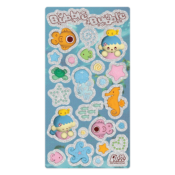 A glitter sticker sheet featuring sea-themed illustrations with title 'Bubble Bubble'. 