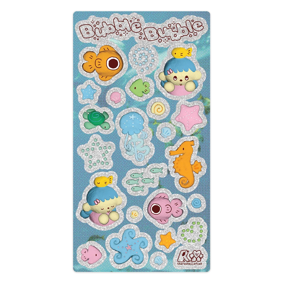 A glitter sticker sheet featuring sea-themed illustrations with title 'Bubble Bubble'. 