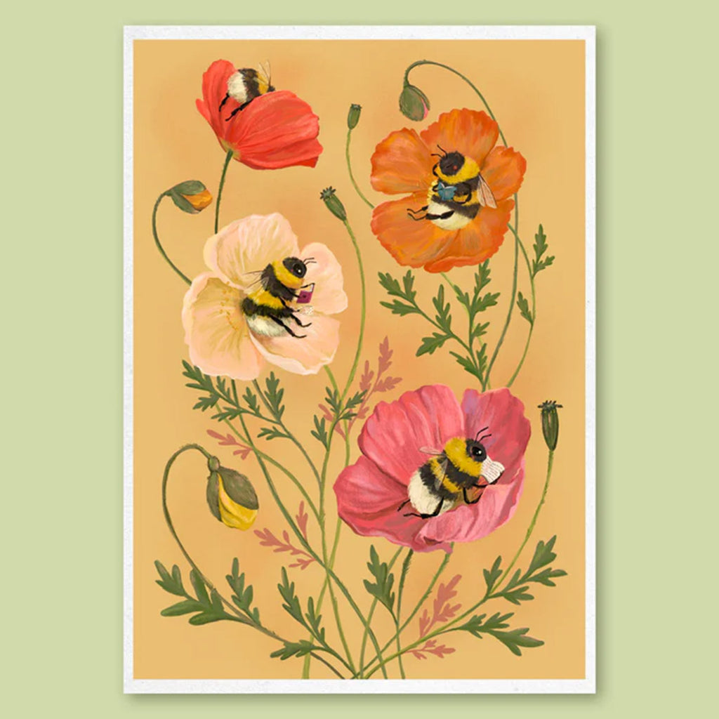 Illustration of bees on flowers with a beige background