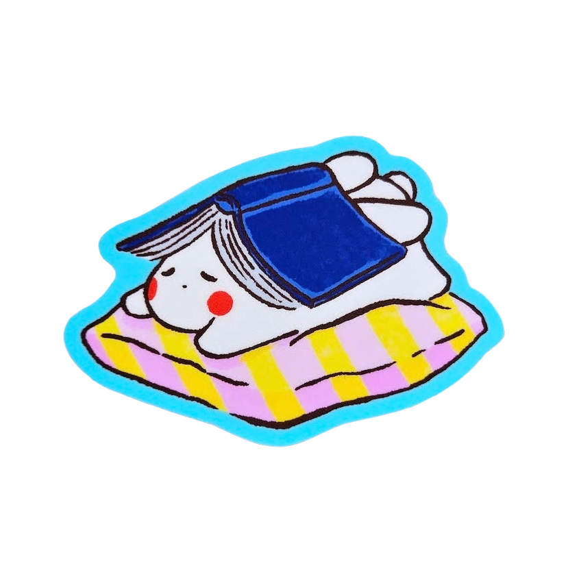A cute cartoon sticker of a white bunny wearing a blue cap and lying on a pink and yellow striped blanket, outlined in bright blue, shown on a plain white background.