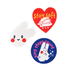 Three embroidered bunny-themed patches on a plain white background: a white bunny patch with red cheeks and a black stitched smile, a red heart patch with yellow text reading 'stay soft' and a white bunny illustration, and a blue circular patch with pink text reading 'this steps count' and a white bunny illustration.