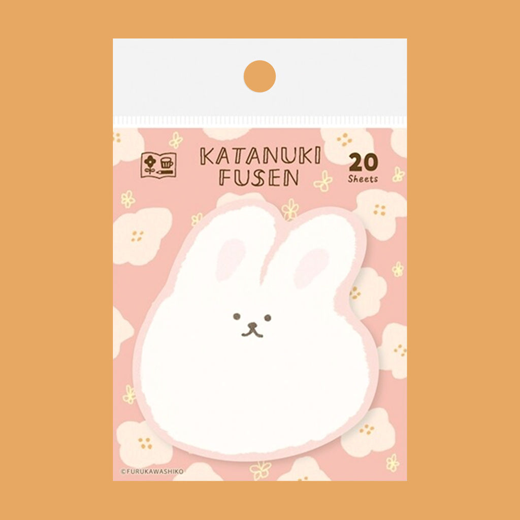 A package of 20 sheets of Katanuki Fusen sticky notes featuring a cute white bunny character on a pink floral background, set against a solid orange backdrop.