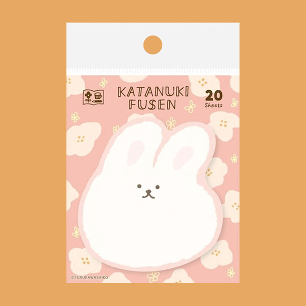 A package of 20 sheets of Katanuki Fusen sticky notes featuring a cute white bunny character on a pink floral background, set against a solid orange backdrop.