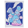 A rectangular art print featuring a whimsical illustration of rabbits wrapped in patterned blankets, set against a dark blue textured background with white abstract shapes and a small pink teapot.