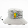 Light grey bucket hat with embroidered design on a white background