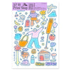 A sheet of colourful print from AF Print Shop featuring cute, whimsical cartoon characters and objects in pastel colours on a white background.