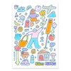 A white rectangular art print featuring a colourful hand-drawn illustration of a traveler with a suitcase and tote bag, surrounded by travel-themed doodles like an airplane, flowers, a house, and the words 'ALWAYS FRIENDS'.