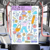 An art print with colourful illustrations and 'AF Print Shop' branding on a black and white pixelated patterned background.