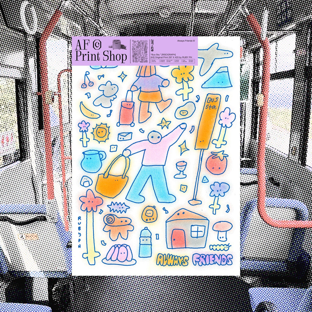 An art print with colourful illustrations and 'AF Print Shop' branding on a black and white pixelated patterned background.