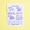 A printed instruction card with hand-drawn illustrations and text showing how to patch and iron fabric, placed on a pale yellow background.