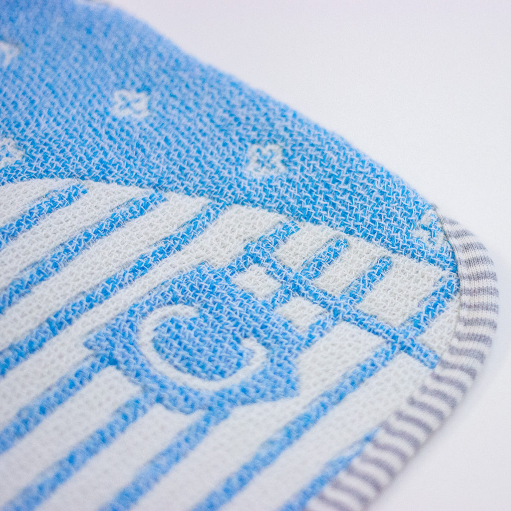 Close-up of a blue and white striped textured fabric with a striped border, showing woven lettering and small white floral details on a white background.