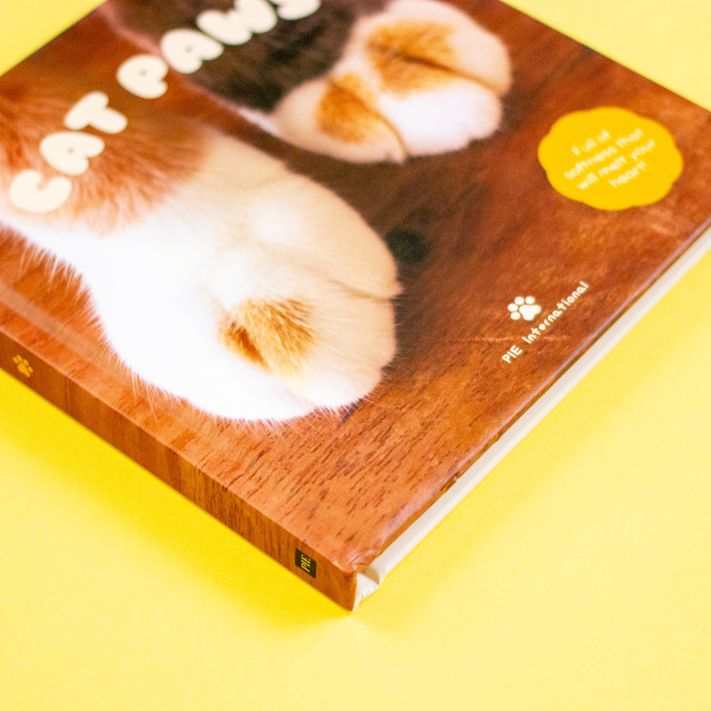 Book cover with cat paws on a wooden surface against a yellow background