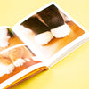 Open book showing a close-up of a cat's paws on a yellow background