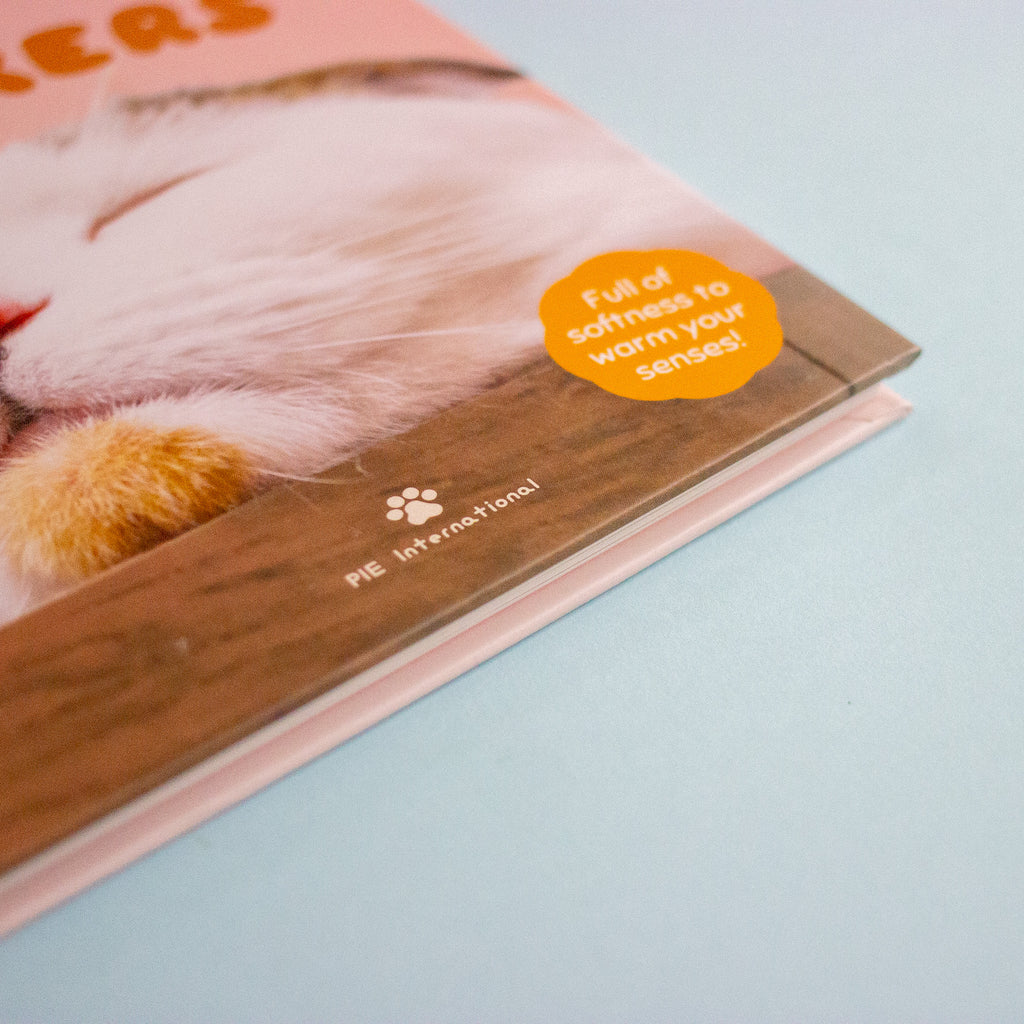 A close-up of book cover featuring a sleeping cat face and a warm brown woodgrain band, with an orange circular shape reading 'Full of softness to warm your senses!' and the visible brand 'PIE international'.