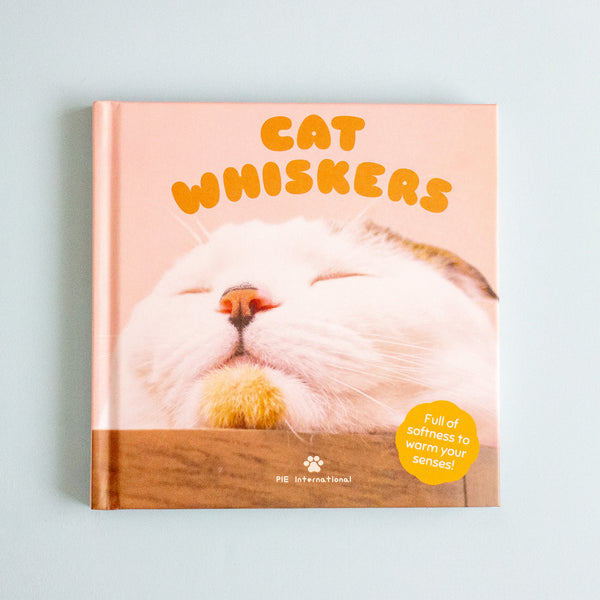 A hardcover book titled 'CAT WHISKERS' with a close-up photo of a sleeping white cat on the cover, photographed against a light blue background.