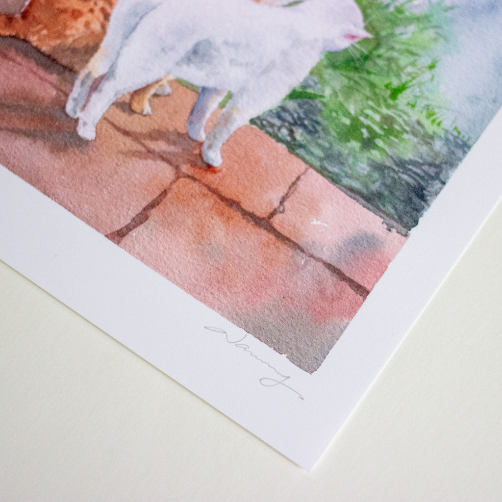 A close-up of a watercolour art print showing a white cat standing on terracotta-coloured paving stones with green foliage in the background. The print has a wide white border and a cursive artist signature near the bottom, photographed on a light neutral surface.