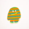A multicoloured striped monster, green, orange, and purple horizontal stripes and a yellow mouth. 