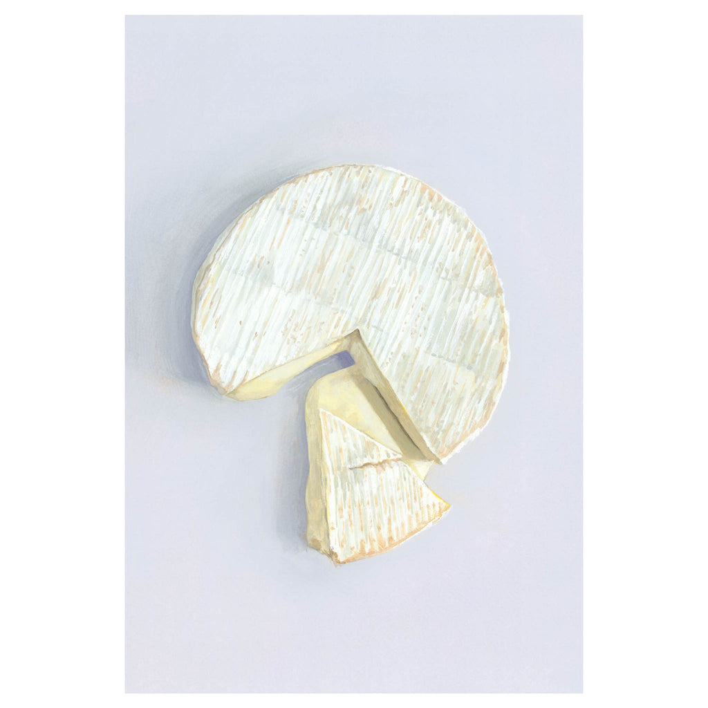 A wedge of brie cheese with a pale, textured rind and creamy yellow interior, shown on a light lavender-gray background.
